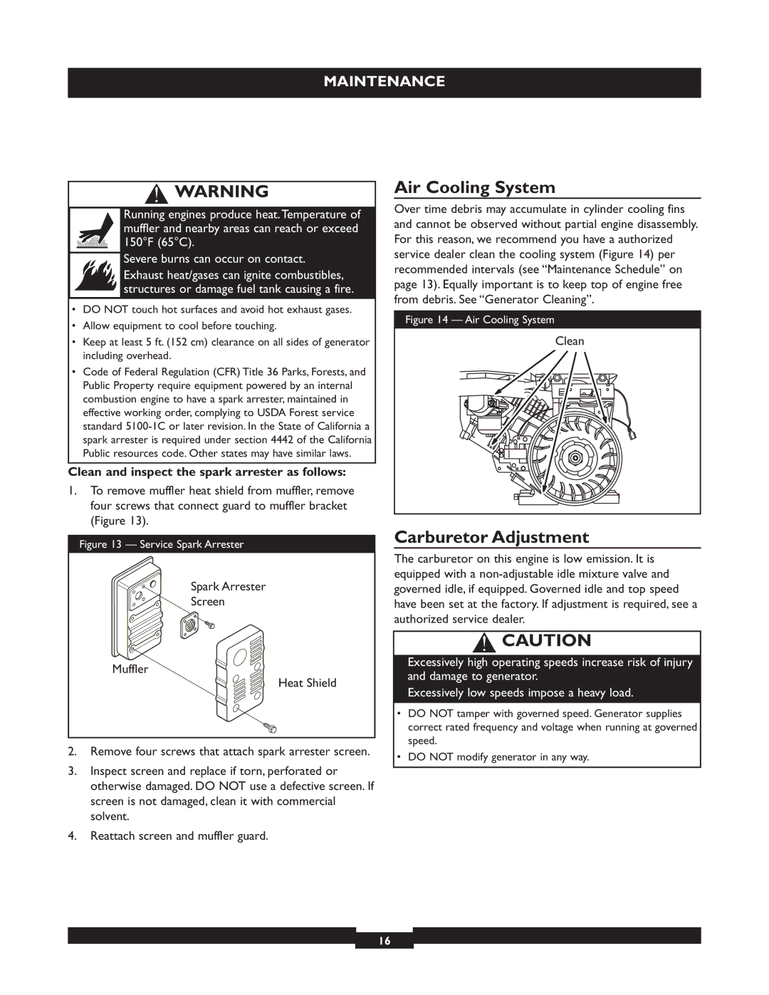 Briggs & Stratton 30219 manual Air Cooling System, Carburetor Adjustment, Clean and inspect the spark arrester as follows 