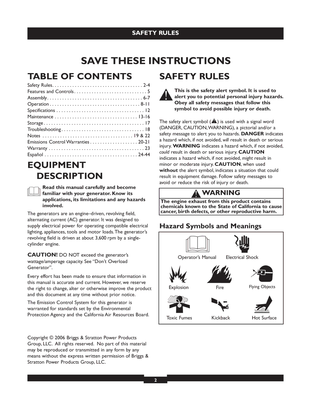 Briggs & Stratton 30219 manual Table of Contents, Equipment Description, Safety Rules 