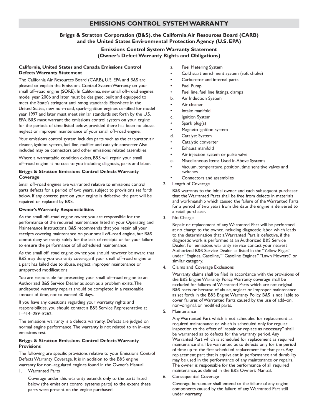 Briggs & Stratton 30219 manual Emissions Control System Warranty, Owner’s Warranty Responsibilities 