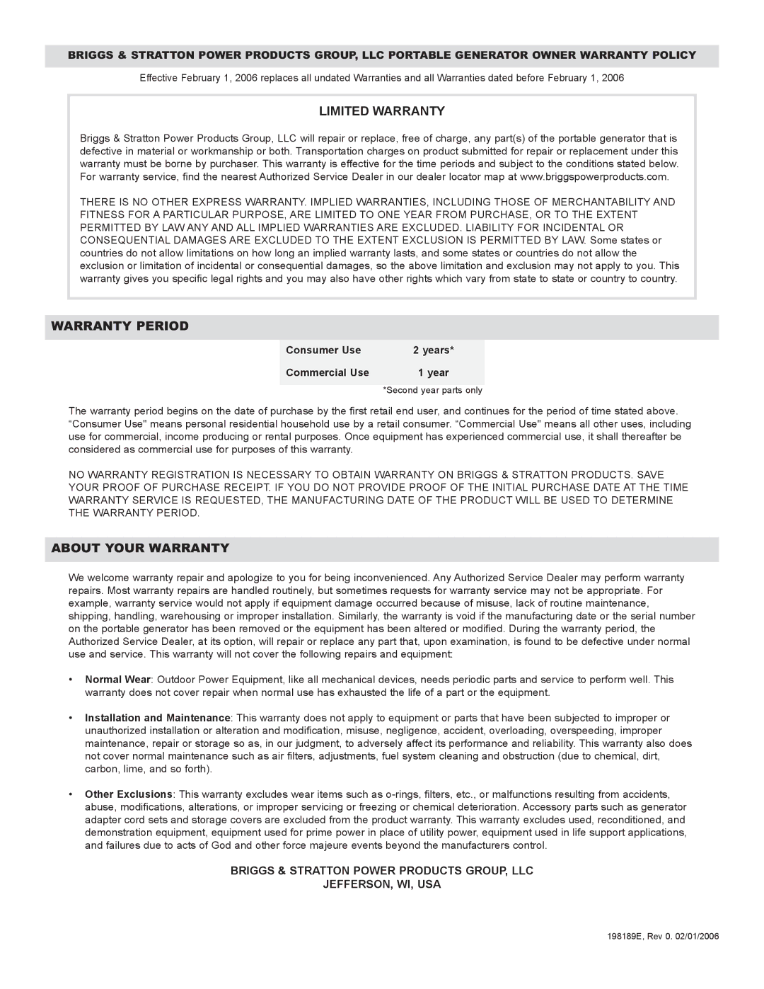 Briggs & Stratton 30219 manual Limited Warranty 