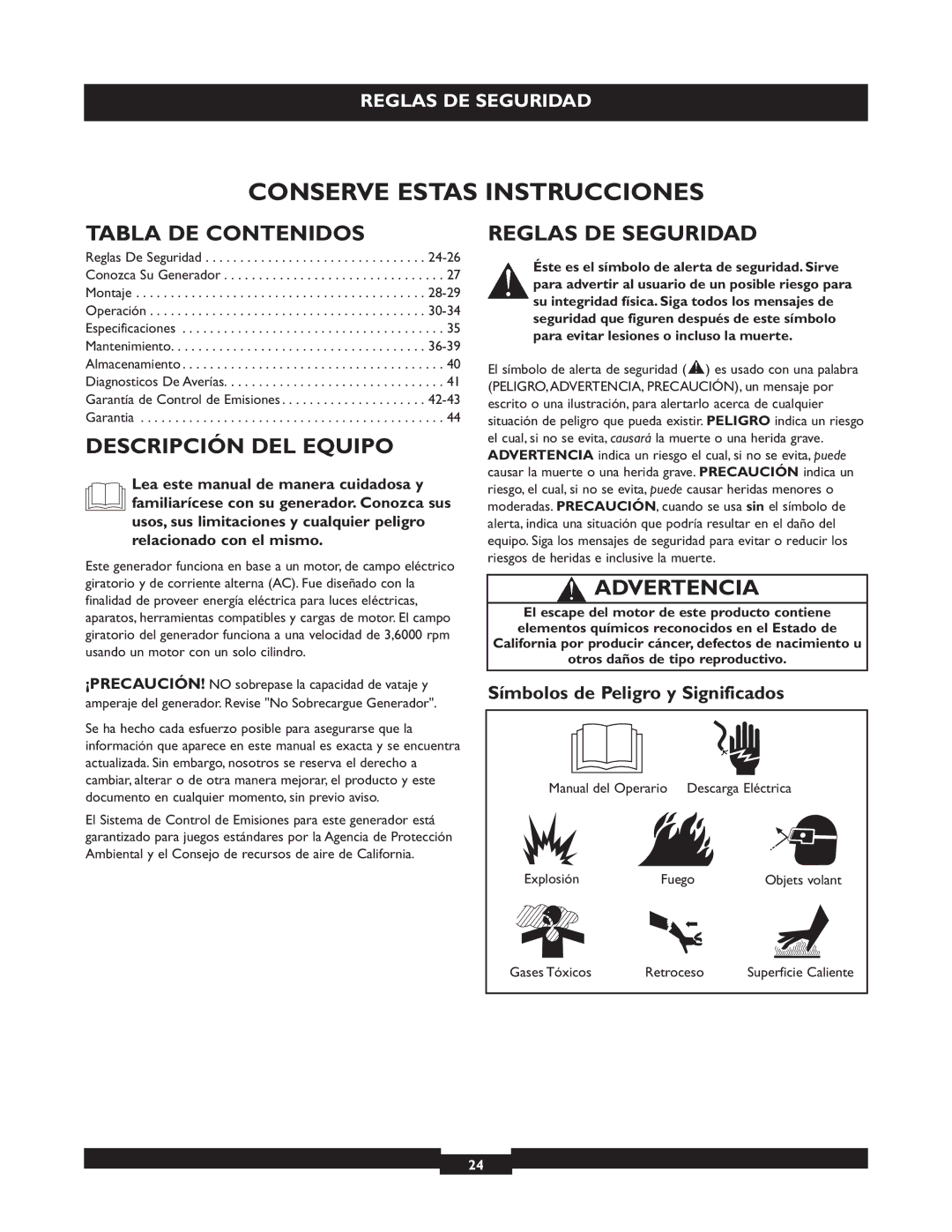 Briggs & Stratton 30219 manual Tabla DE Contenidos, Descripción DEL Equipo, Reglas DE Seguridad, Advertencia 