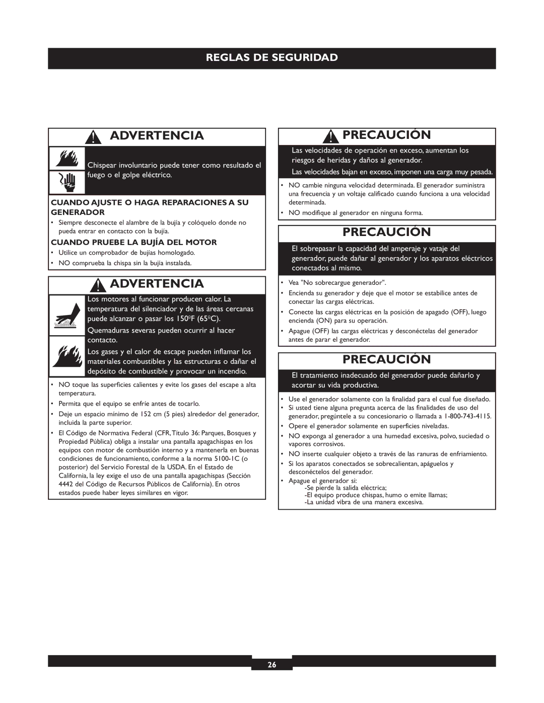 Briggs & Stratton 30219 Precaución, Cuando Ajuste O Haga Reparaciones a SU Generador, Cuando Pruebe LA Bujía DEL Motor 