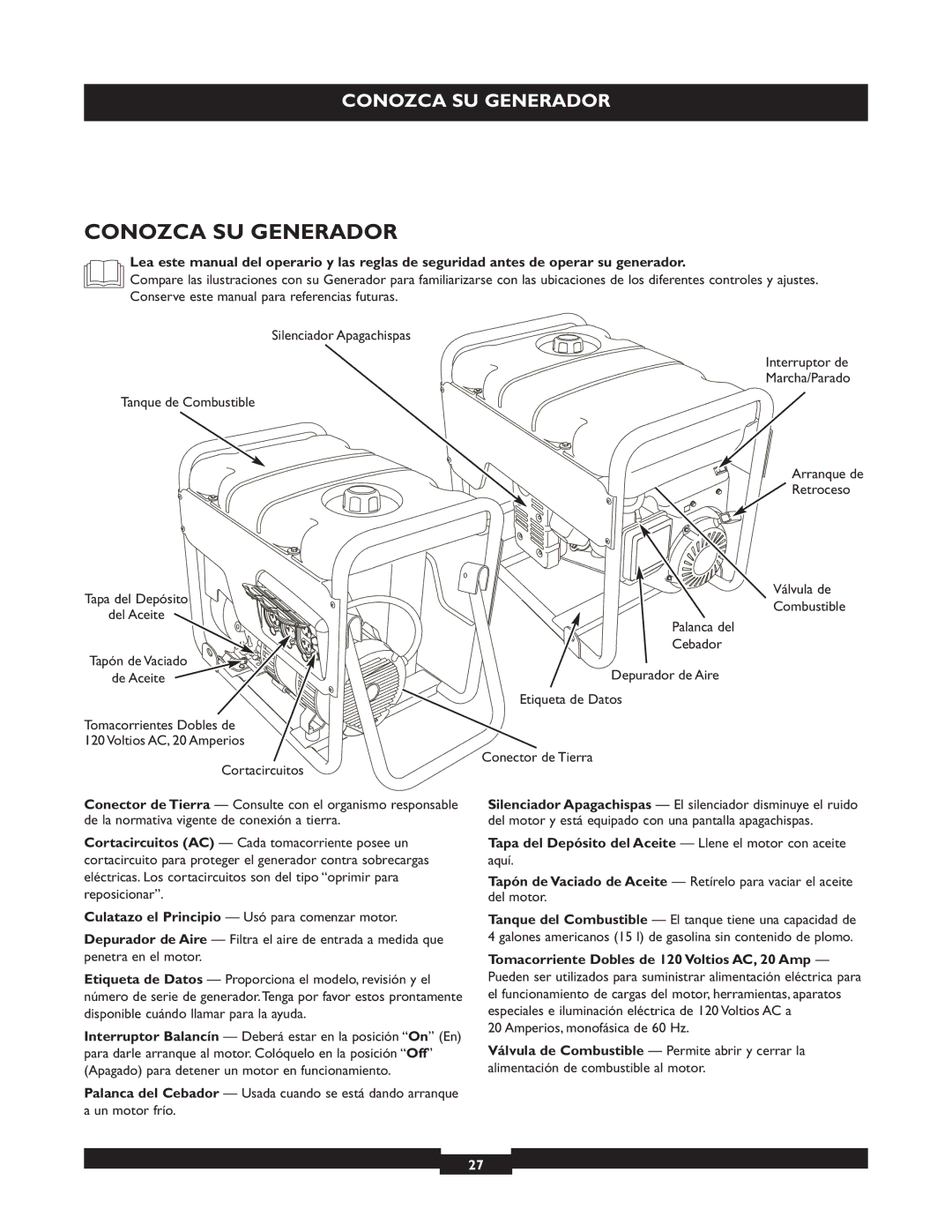 Briggs & Stratton 30219 manual Conozca SU Generador, Tapa del Depósito del Aceite Llene el motor con aceite 