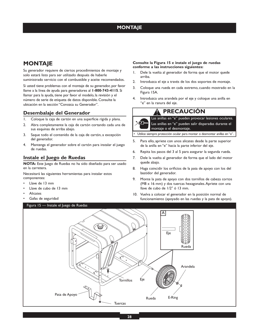 Briggs & Stratton 30219 manual Montaje, Desembalaje del Generador, Instale el Juego de Ruedas 