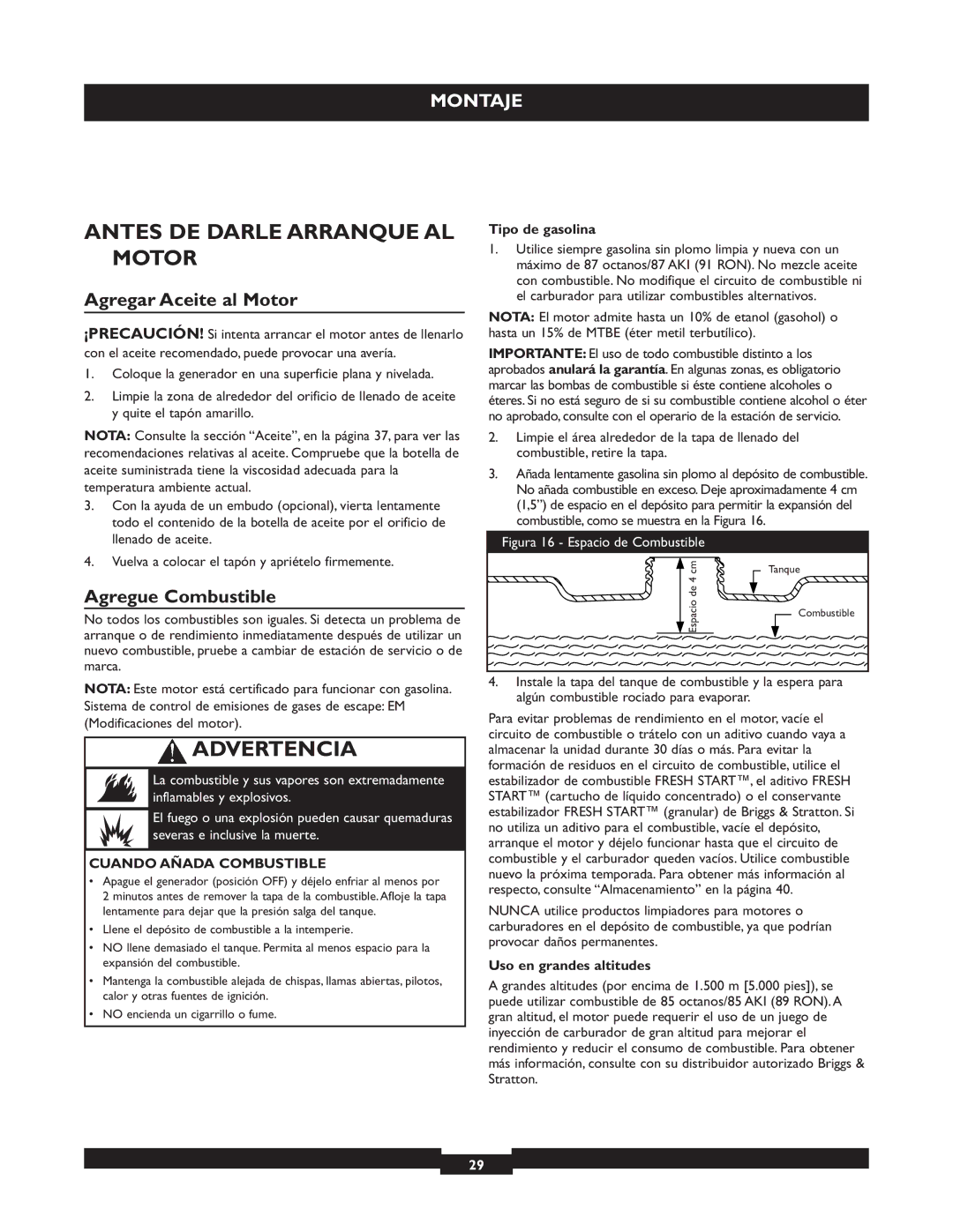 Briggs & Stratton 30219 manual Antes DE Darle Arranque AL Motor, Agregar Aceite al Motor, Agregue Combustible 