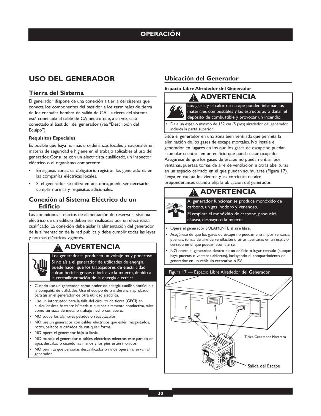 Briggs & Stratton 30219 manual USO DEL Generador, Tierra del Sistema, Conexión al Sistema Eléctrico de un Edificio 