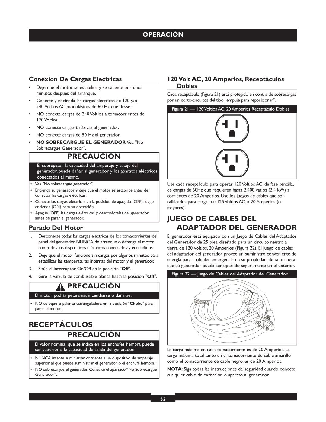 Briggs & Stratton 30219 manual Juego DE Cables DEL Adaptador DEL Generador, Receptáculos Precaución, Parado Del Motor 