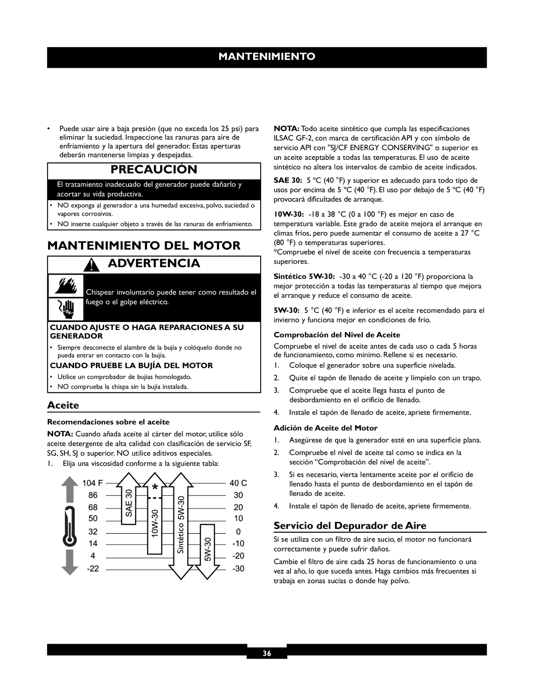 Briggs & Stratton 30219 manual Mantenimiento DEL Motor Advertencia, Aceite, Servicio del Depurador de Aire 