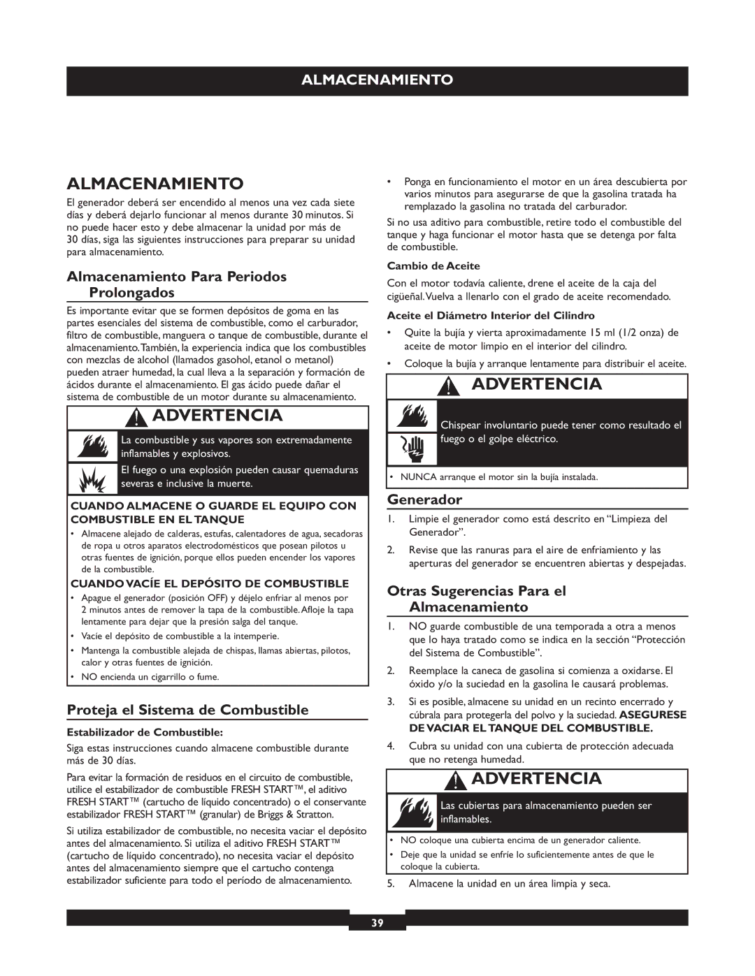 Briggs & Stratton 30219 manual Almacenamiento Para Periodos Prolongados, Proteja el Sistema de Combustible, Generador 