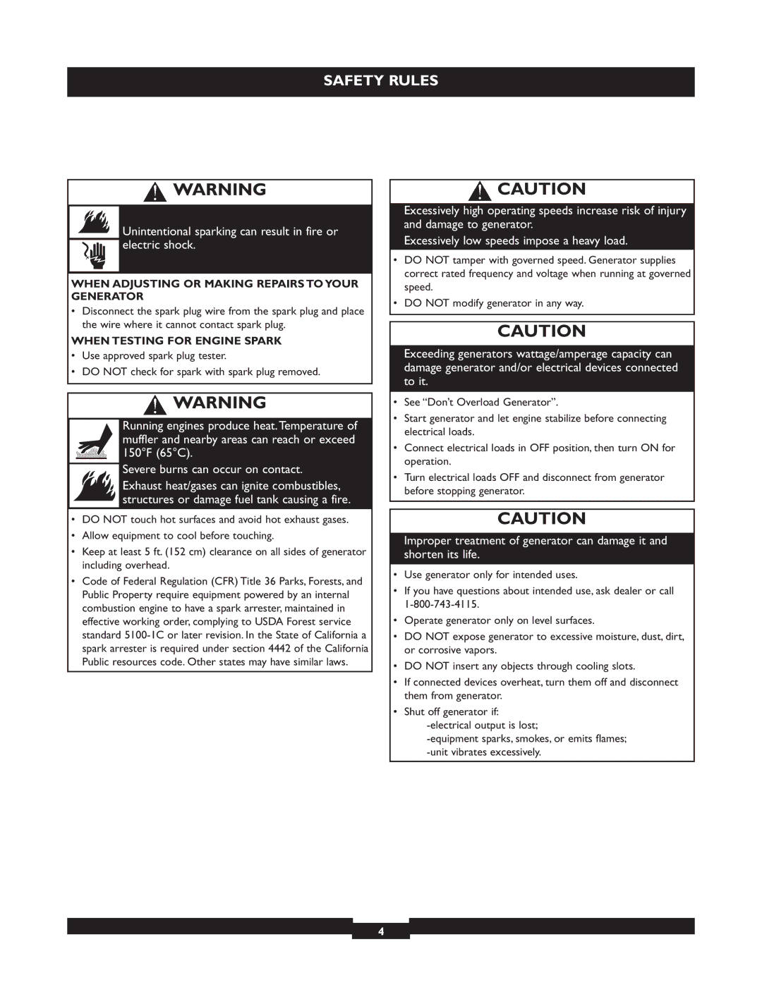 Briggs & Stratton 30219 manual When Adjusting or Making Repairs to Your Generator, When Testing for Engine Spark 