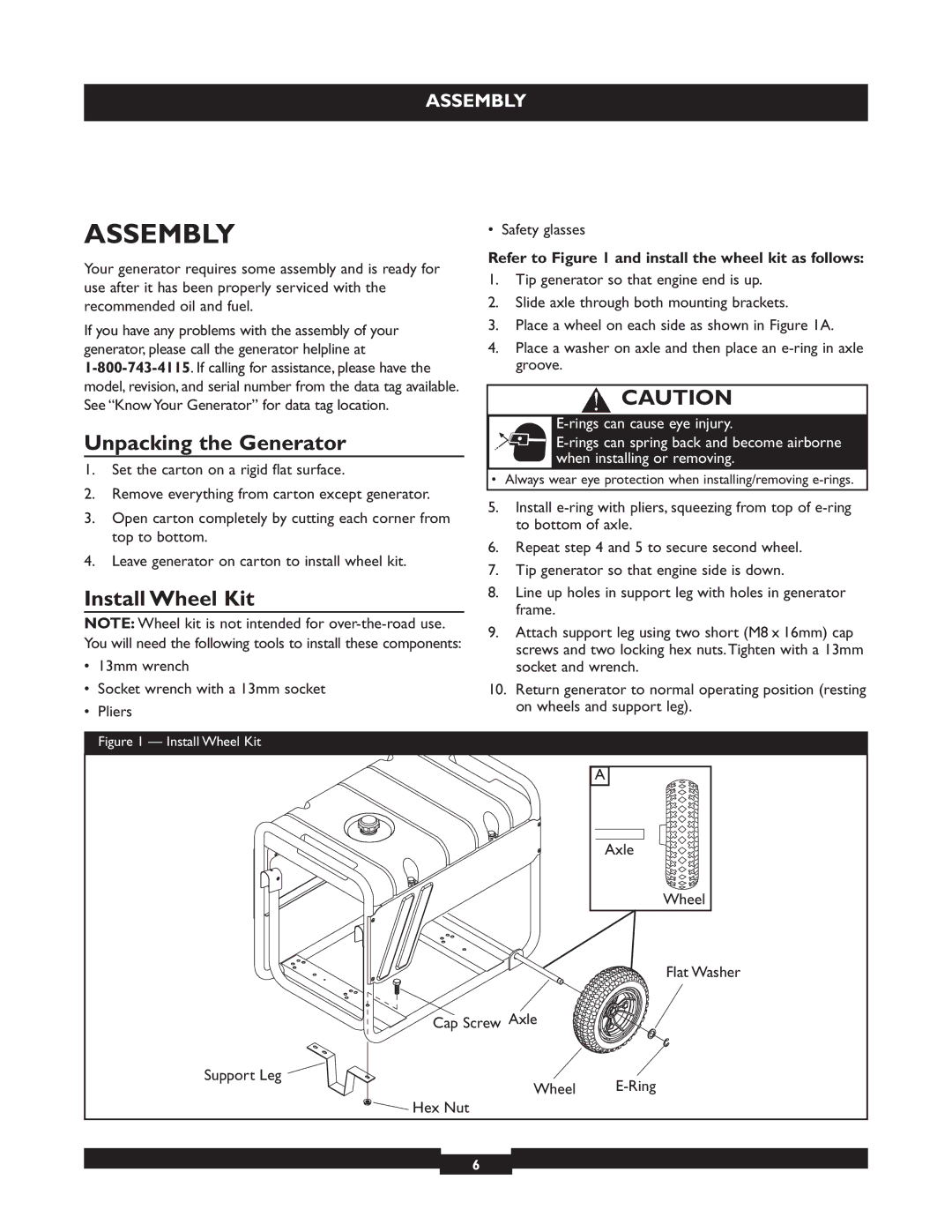 Briggs & Stratton 30219 manual Assembly, Unpacking the Generator, Install Wheel Kit 