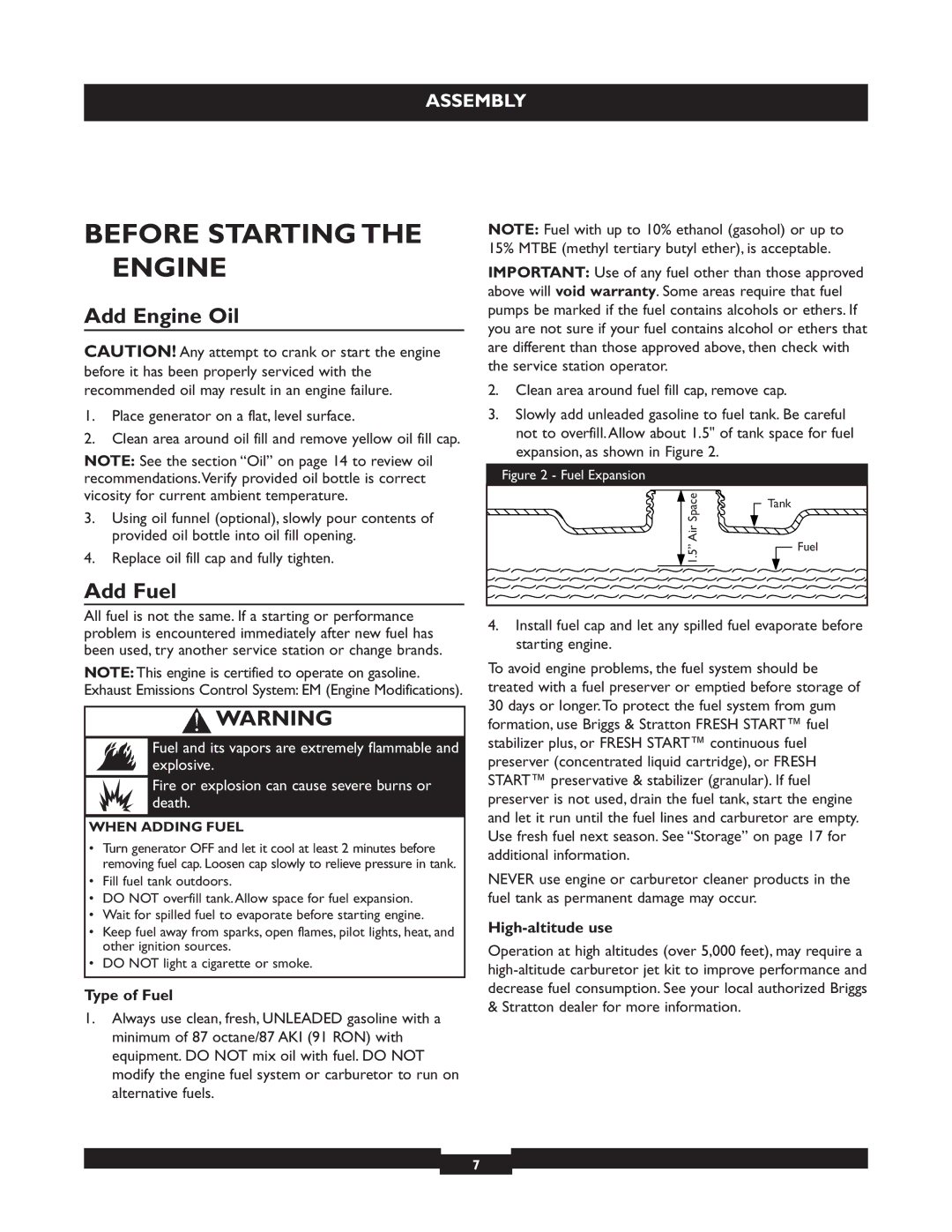 Briggs & Stratton 30219 manual Before Starting Engine, Add Engine Oil, Add Fuel, Type of Fuel, High-altitude use 