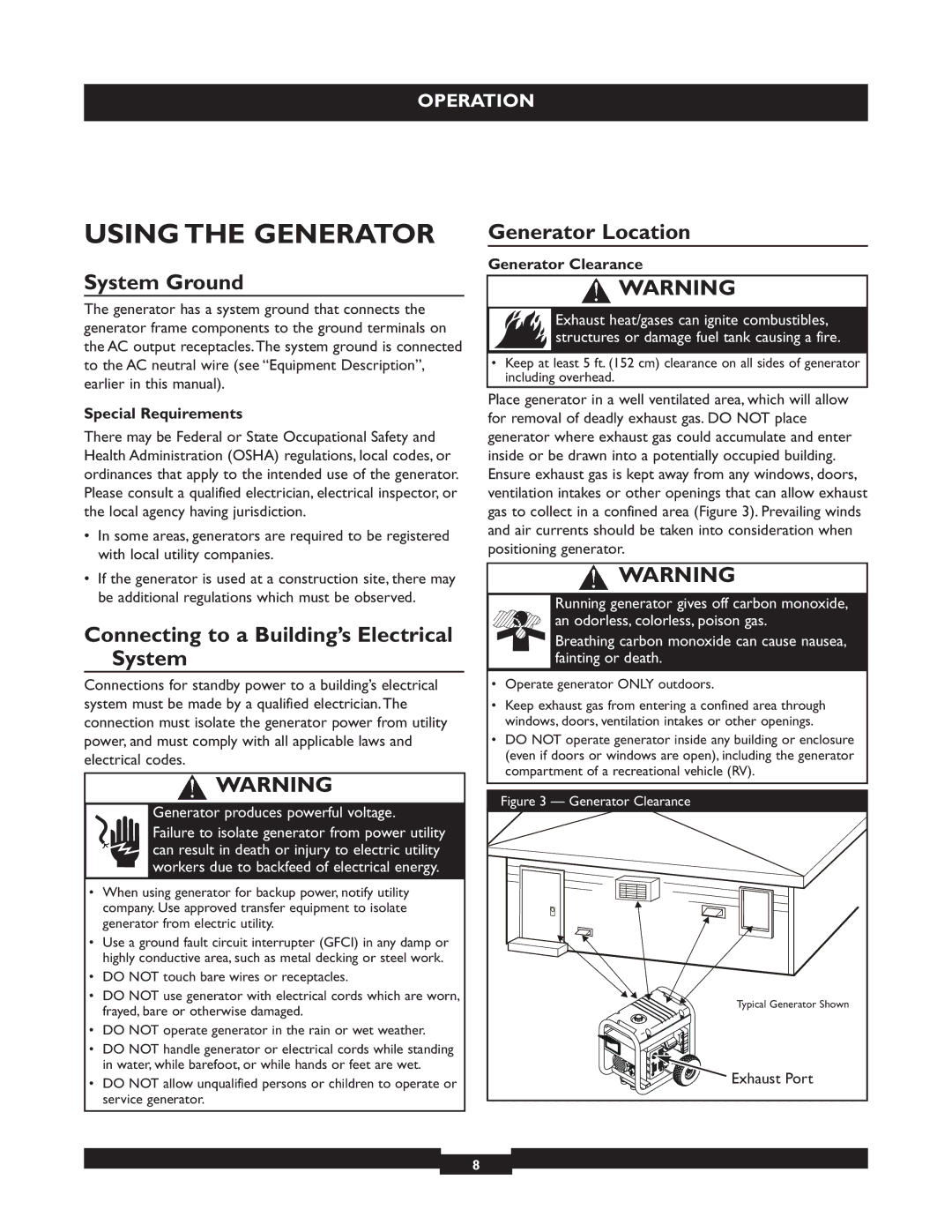 Briggs & Stratton 30219 manual Using the Generator, System Ground, Generator Location 