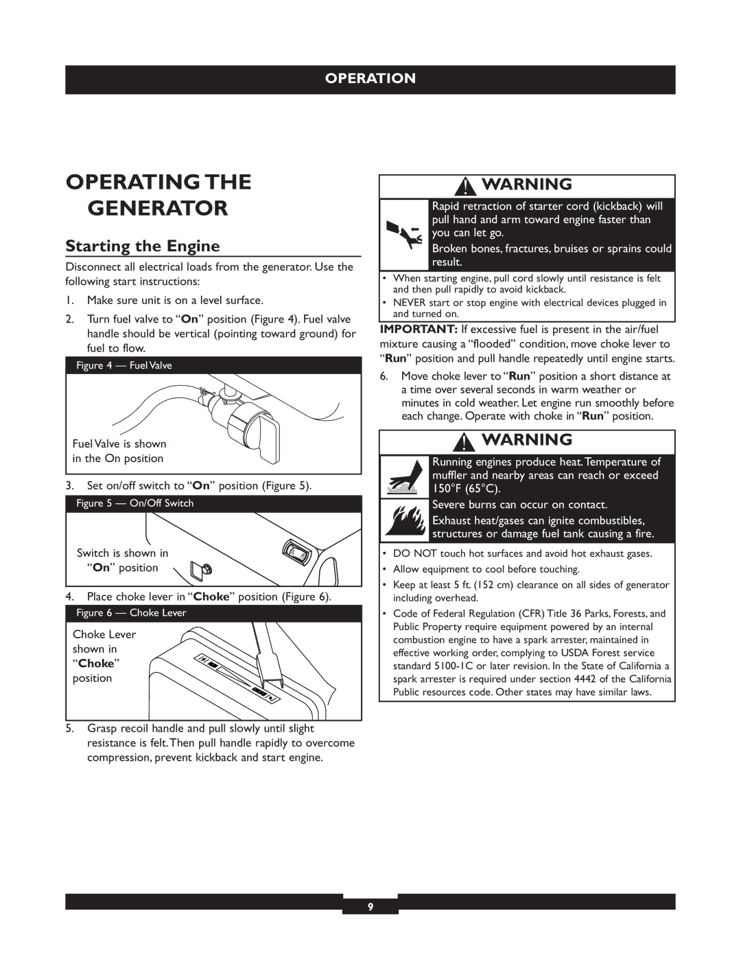 Briggs & Stratton 30219 manual Operating Generator, Starting the Engine 