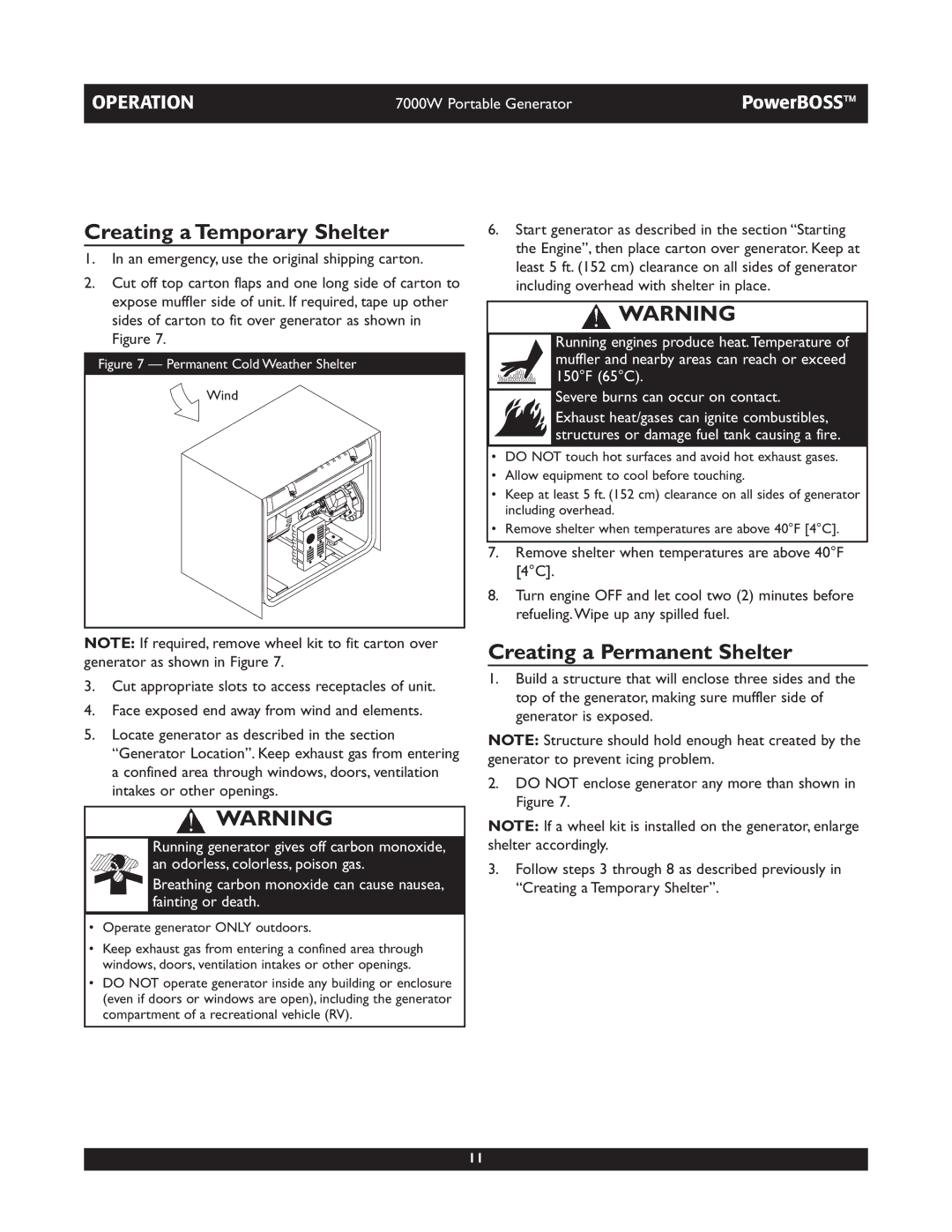 Briggs & Stratton 30220 operating instructions Creating a Temporary Shelter, Creating a Permanent Shelter 