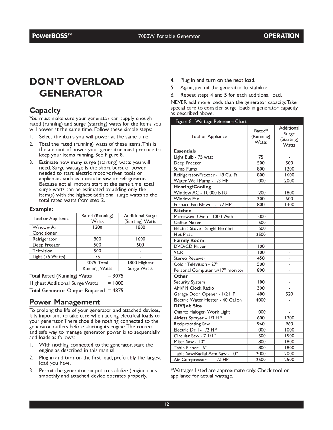 Briggs & Stratton 30220 operating instructions DON’T Overload Generator, Capacity, Power Management, Example 