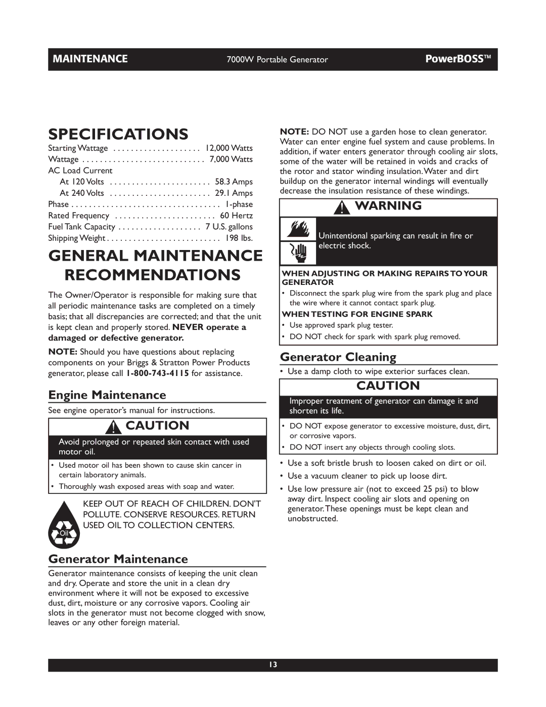 Briggs & Stratton 30220 Specifications, General Maintenance Recommendations, Generator Cleaning, Engine Maintenance 