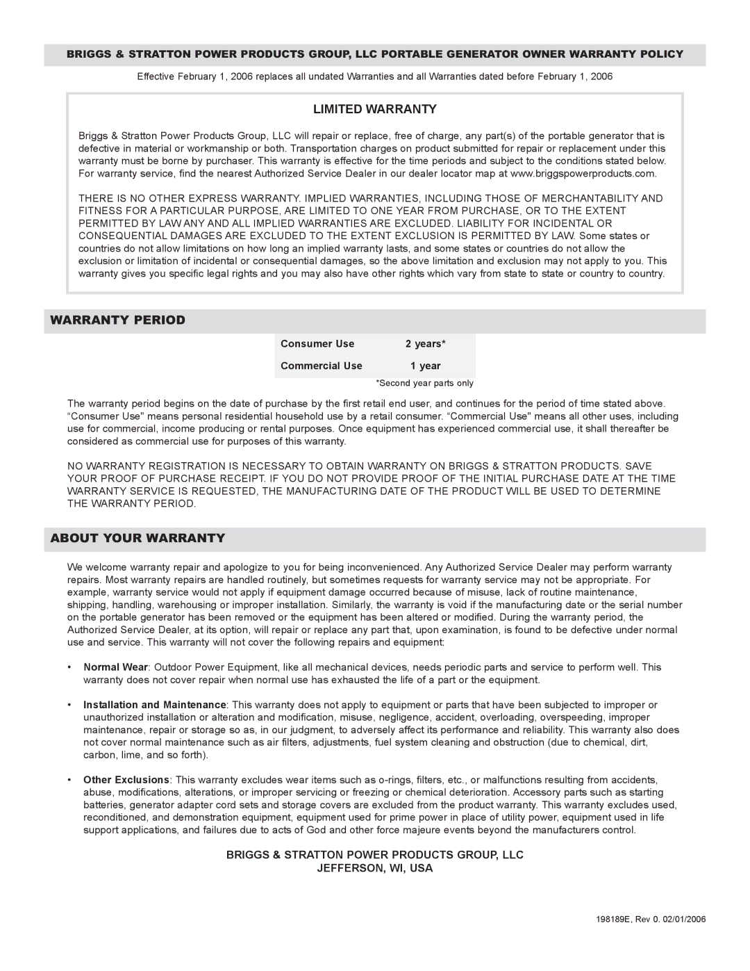 Briggs & Stratton 30220 operating instructions Limited Warranty 