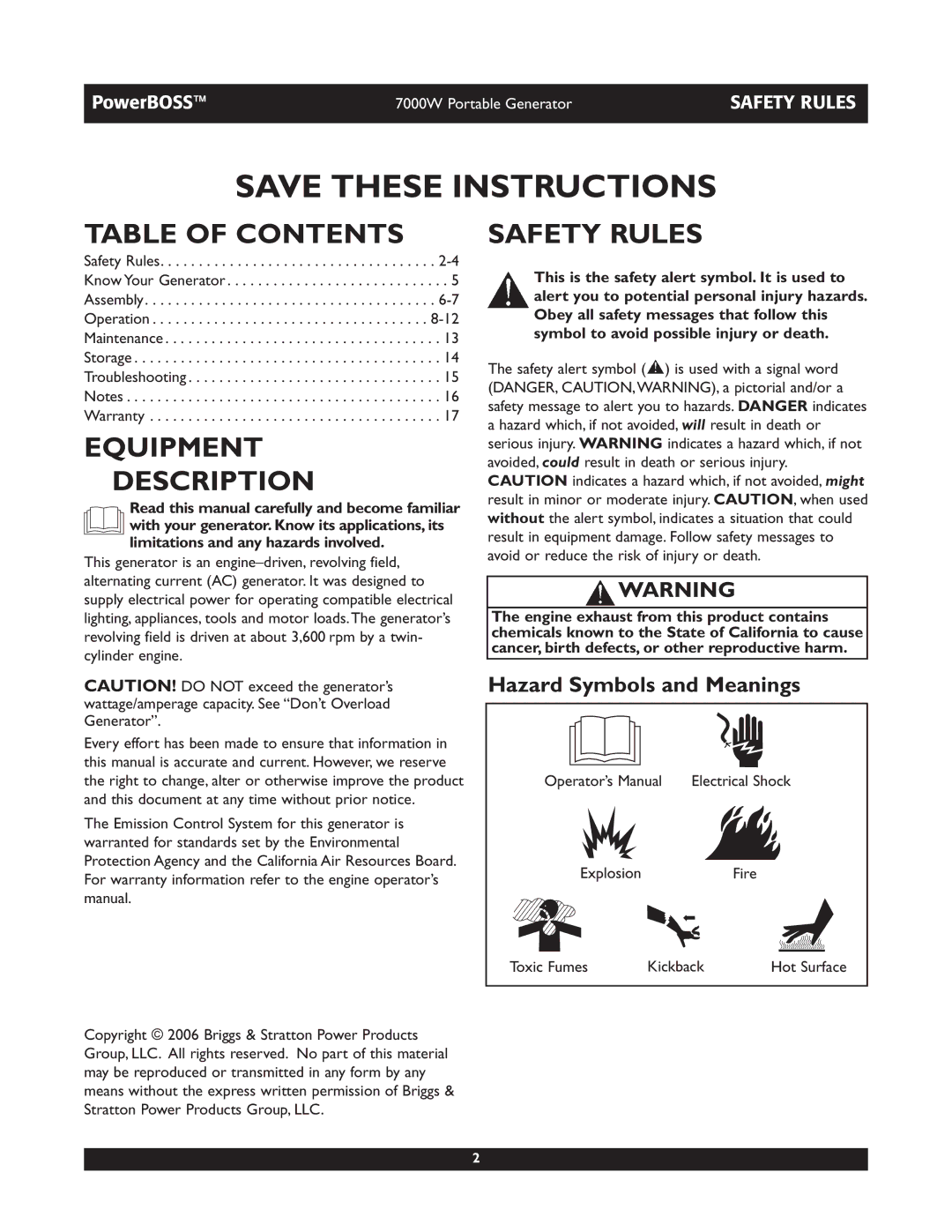 Briggs & Stratton 30220 operating instructions Table of Contents, Equipment Description, Safety Rules 