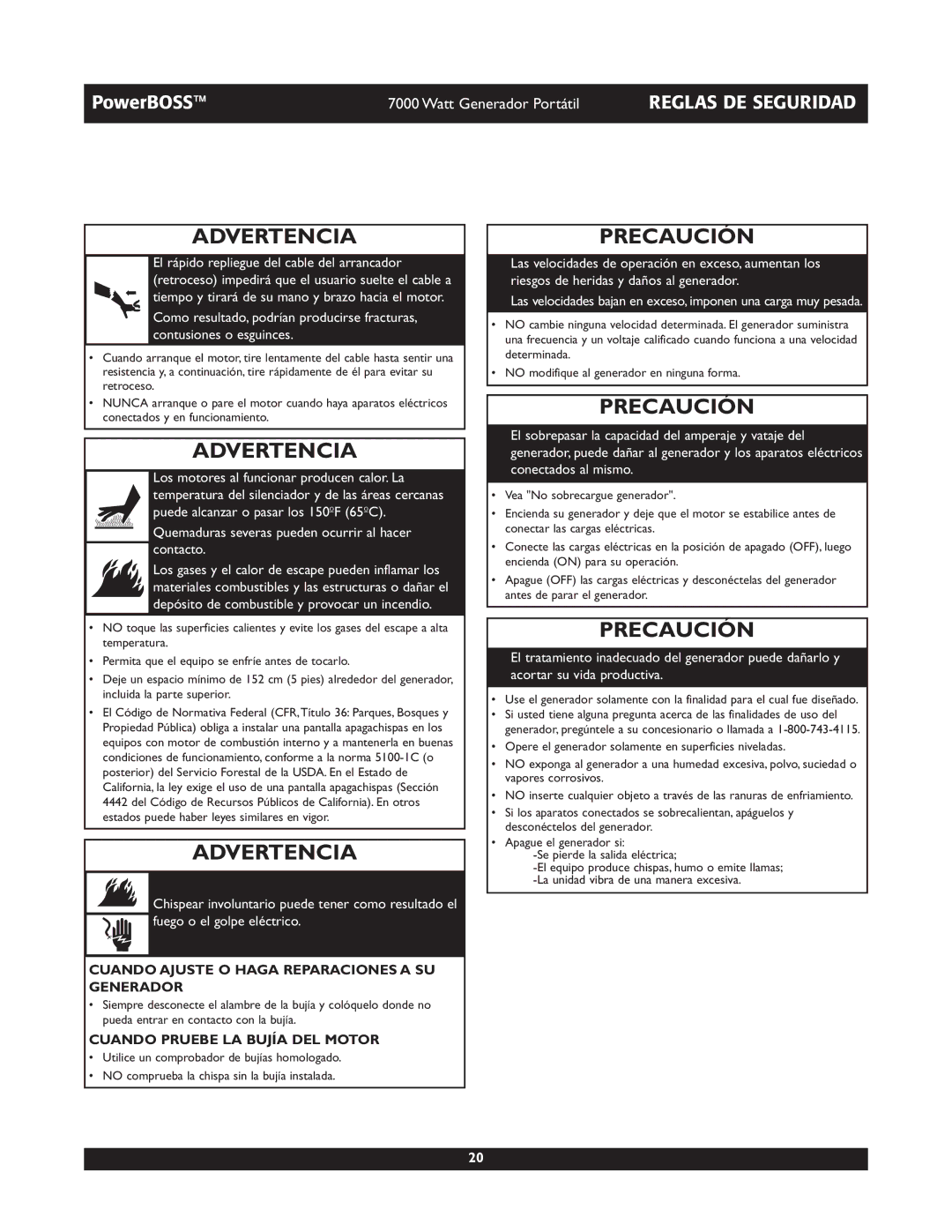 Briggs & Stratton 30220 Precaución, Cuando Ajuste O Haga Reparaciones a SU Generador, Cuando Pruebe LA Bujía DEL Motor 