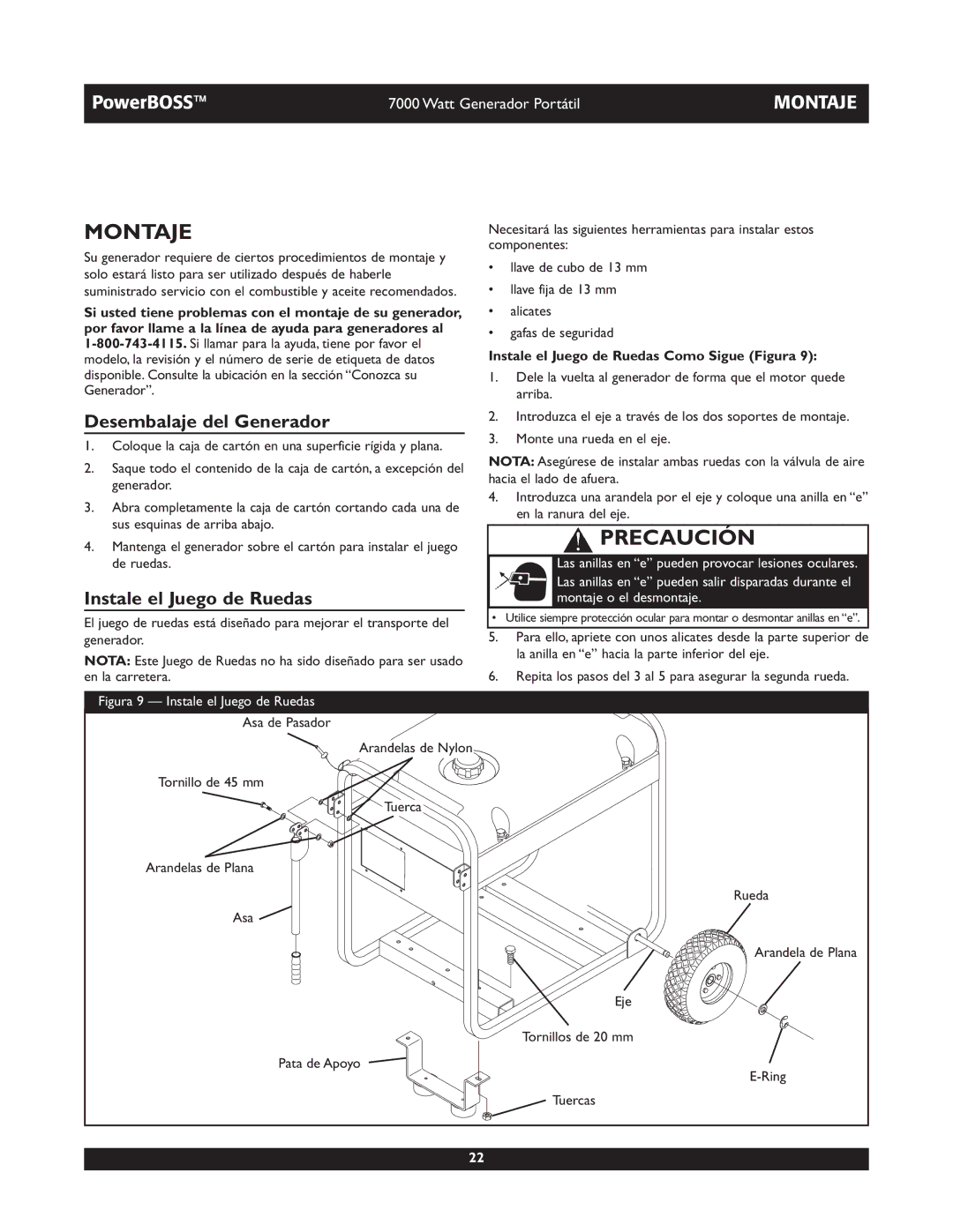 Briggs & Stratton 30220 operating instructions Montaje, Desembalaje del Generador, Instale el Juego de Ruedas 