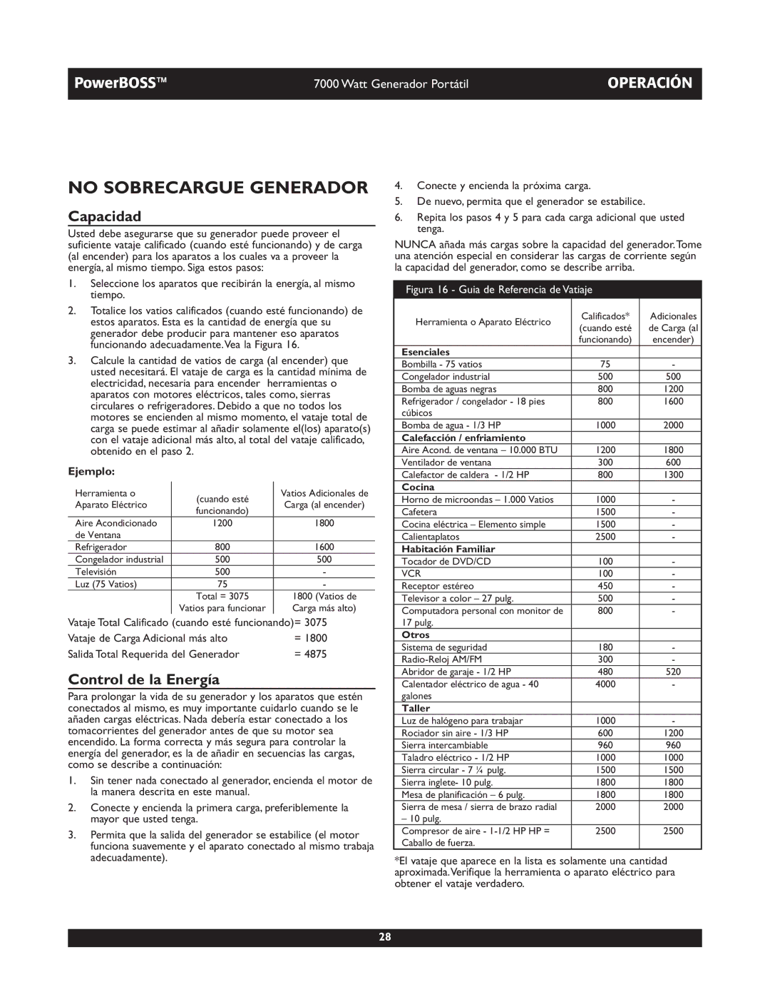 Briggs & Stratton 30220 operating instructions No Sobrecargue Generador, Capacidad, Control de la Energía, Ejemplo 