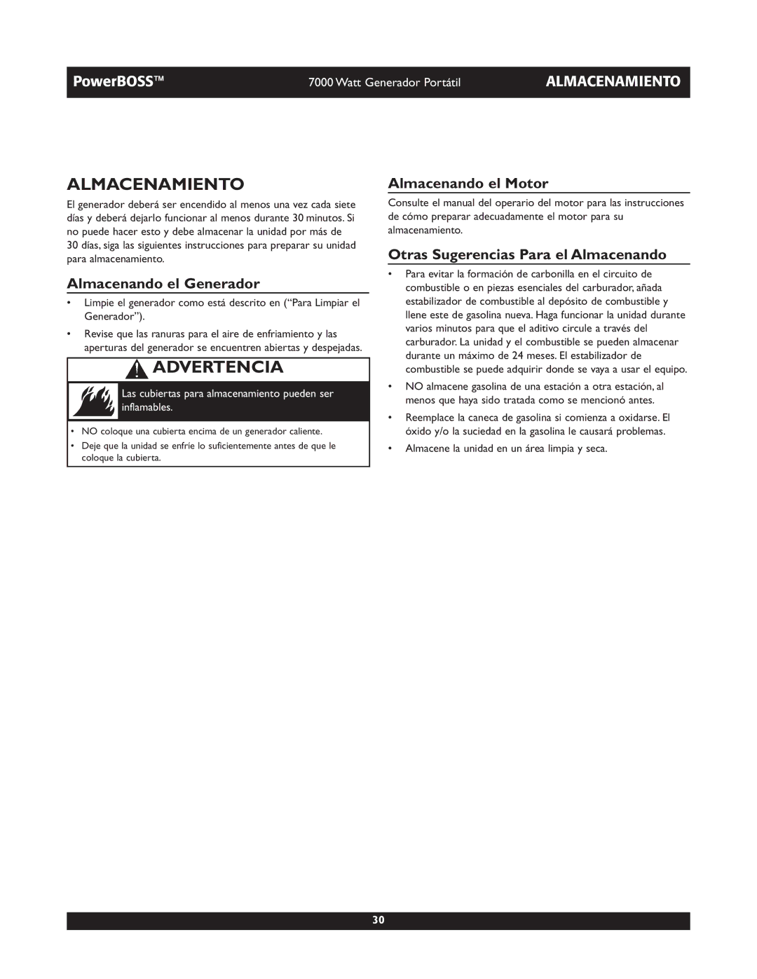 Briggs & Stratton 30220 operating instructions Almacenamiento, Almacenando el Generador, Almacenando el Motor 