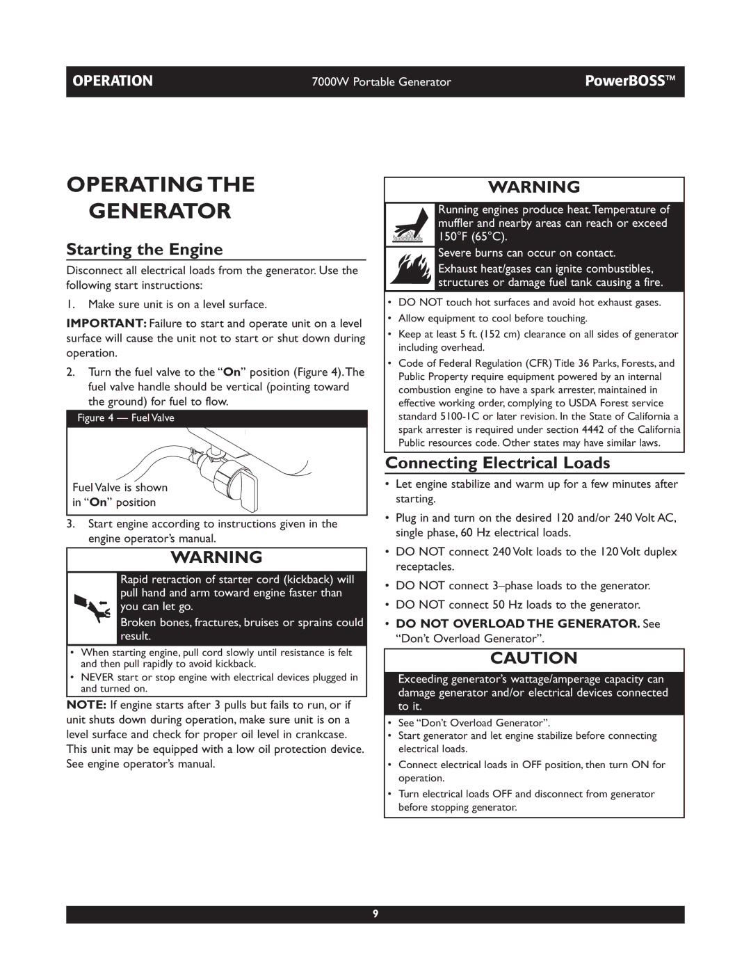 Briggs & Stratton 30220 operating instructions Operating Generator, Starting the Engine, Connecting Electrical Loads 