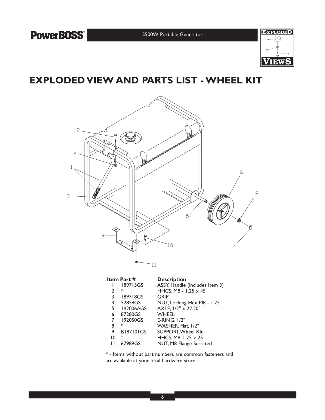 Briggs & Stratton 30221 manual Exploded View And Parts List - Wheel Kit, 5500W Portable Generator, Description 