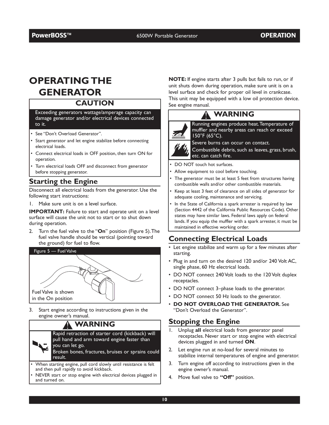 Briggs & Stratton 30227 Operating Generator, Starting the Engine, Connecting Electrical Loads, Stopping the Engine 