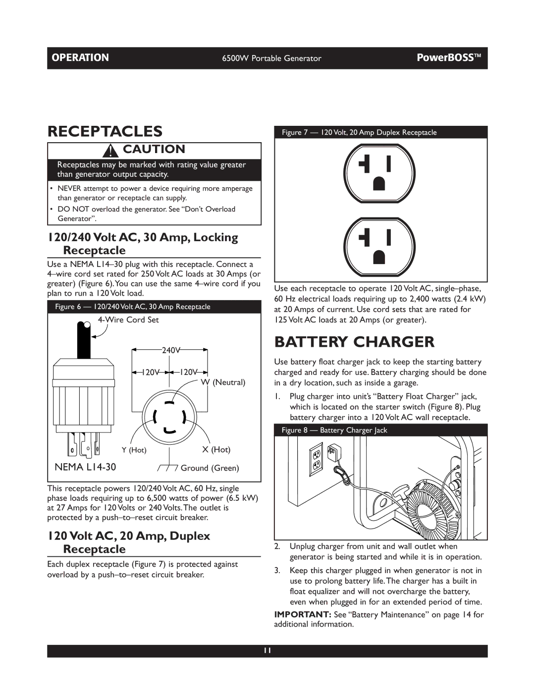 Briggs & Stratton 30227 owner manual Receptacles, Battery Charger, 120/240 Volt AC, 30 Amp, Locking Receptacle, Hot 