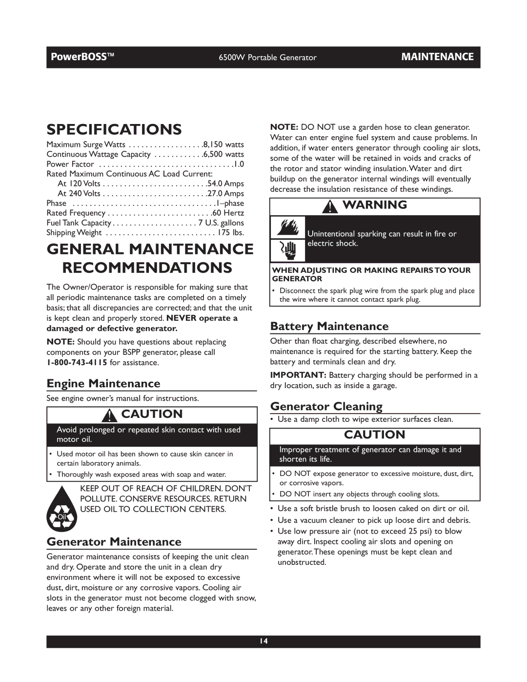 Briggs & Stratton 30227 owner manual Specifications, General Maintenance Recommendations 