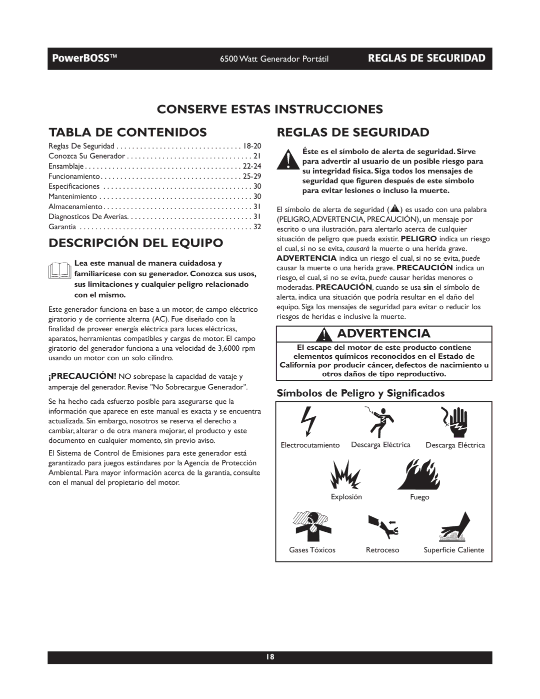 Briggs & Stratton 30227 Conserve Estas Instrucciones Tabla DE Contenidos, Descripción DEL Equipo, Reglas DE Seguridad 