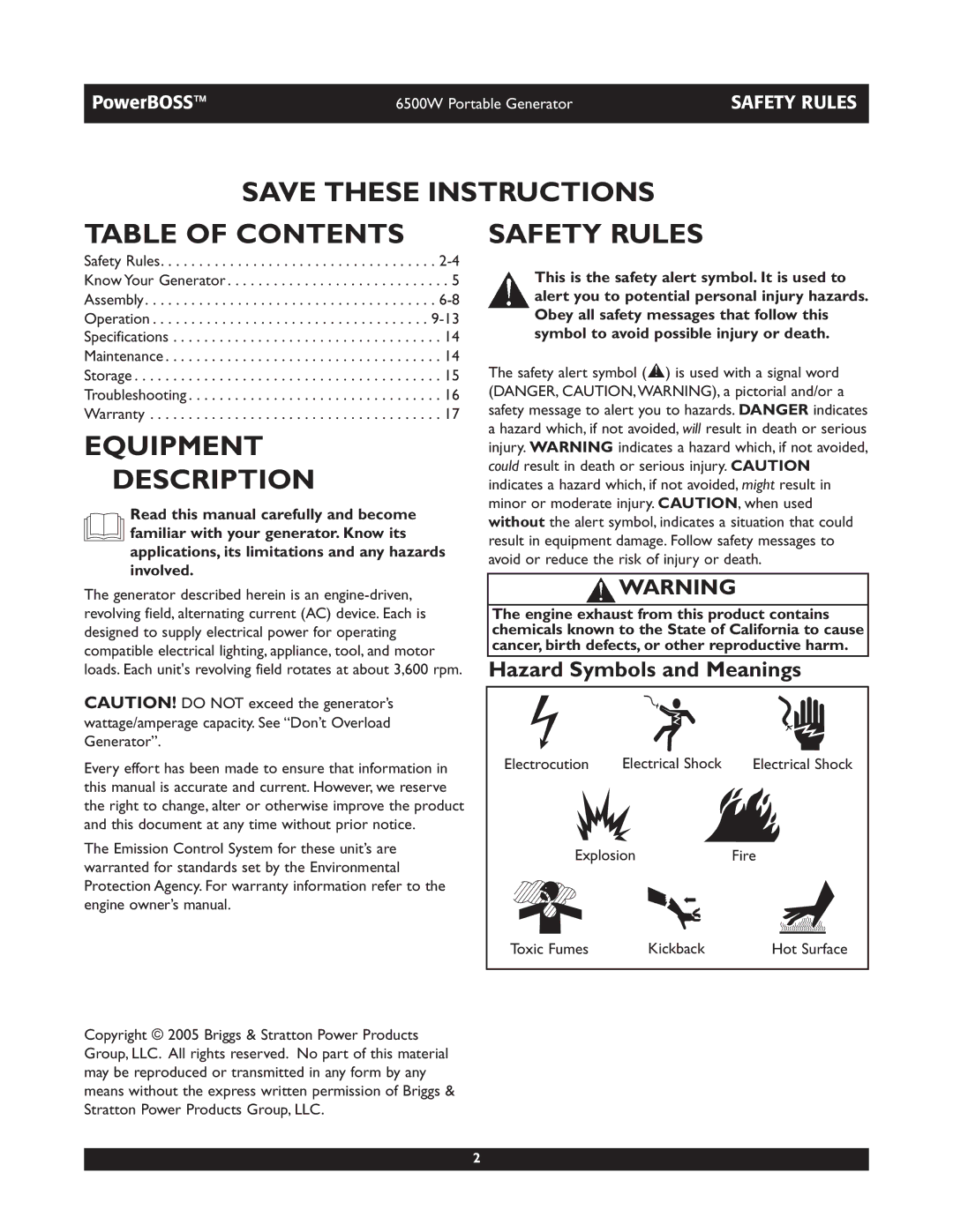 Briggs & Stratton 30227 owner manual Table of Contents, Equipment Description, Safety Rules 