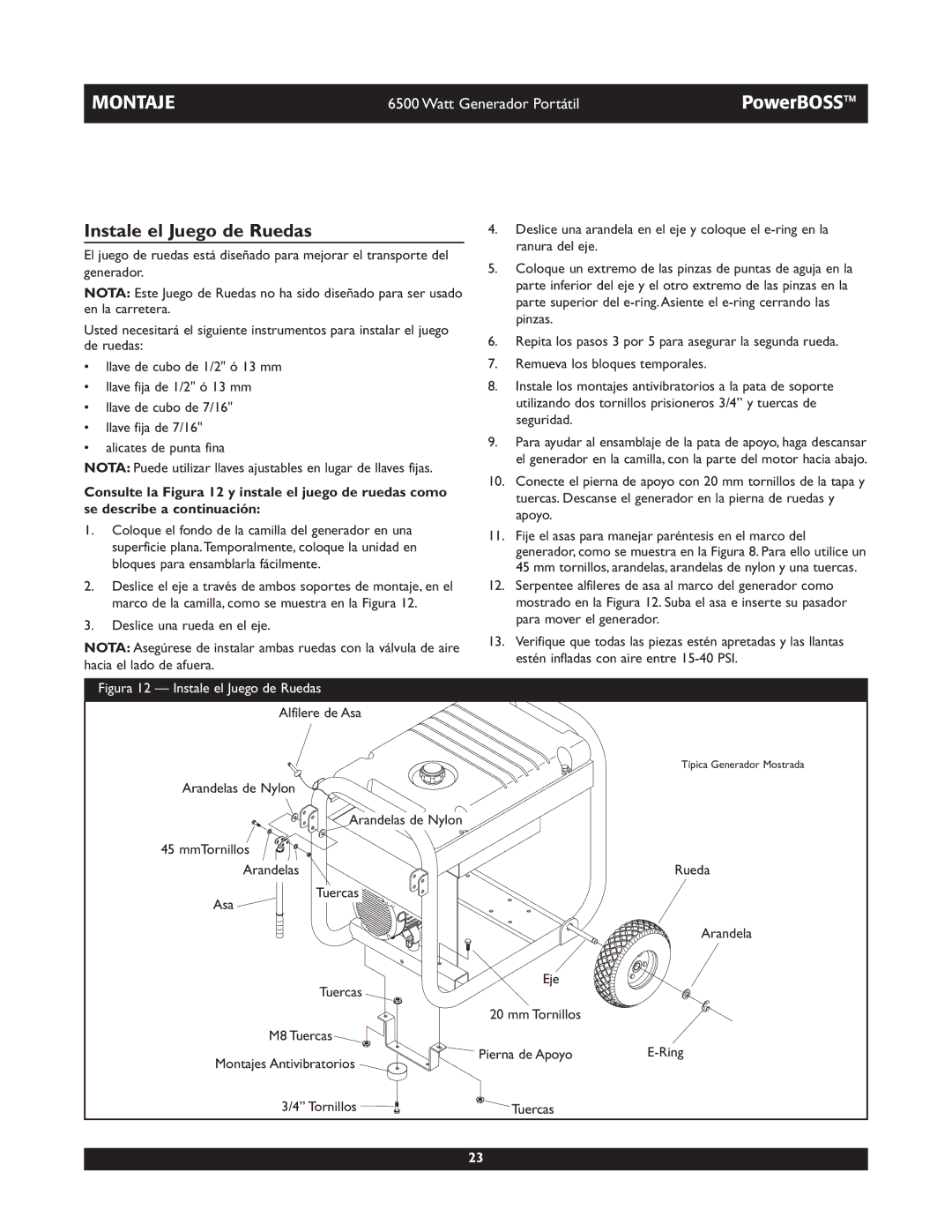 Briggs & Stratton 30227 owner manual Instale el Juego de Ruedas, Arandelas de Nylon 