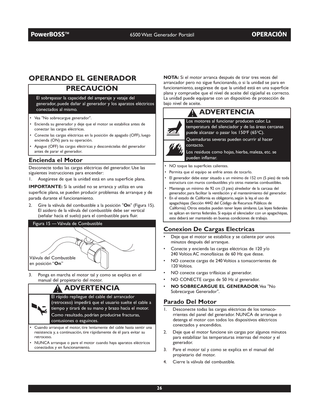 Briggs & Stratton 30227 owner manual Operando EL Generador Precaución, Encienda el Motor, Conexion De Cargas Electricas 