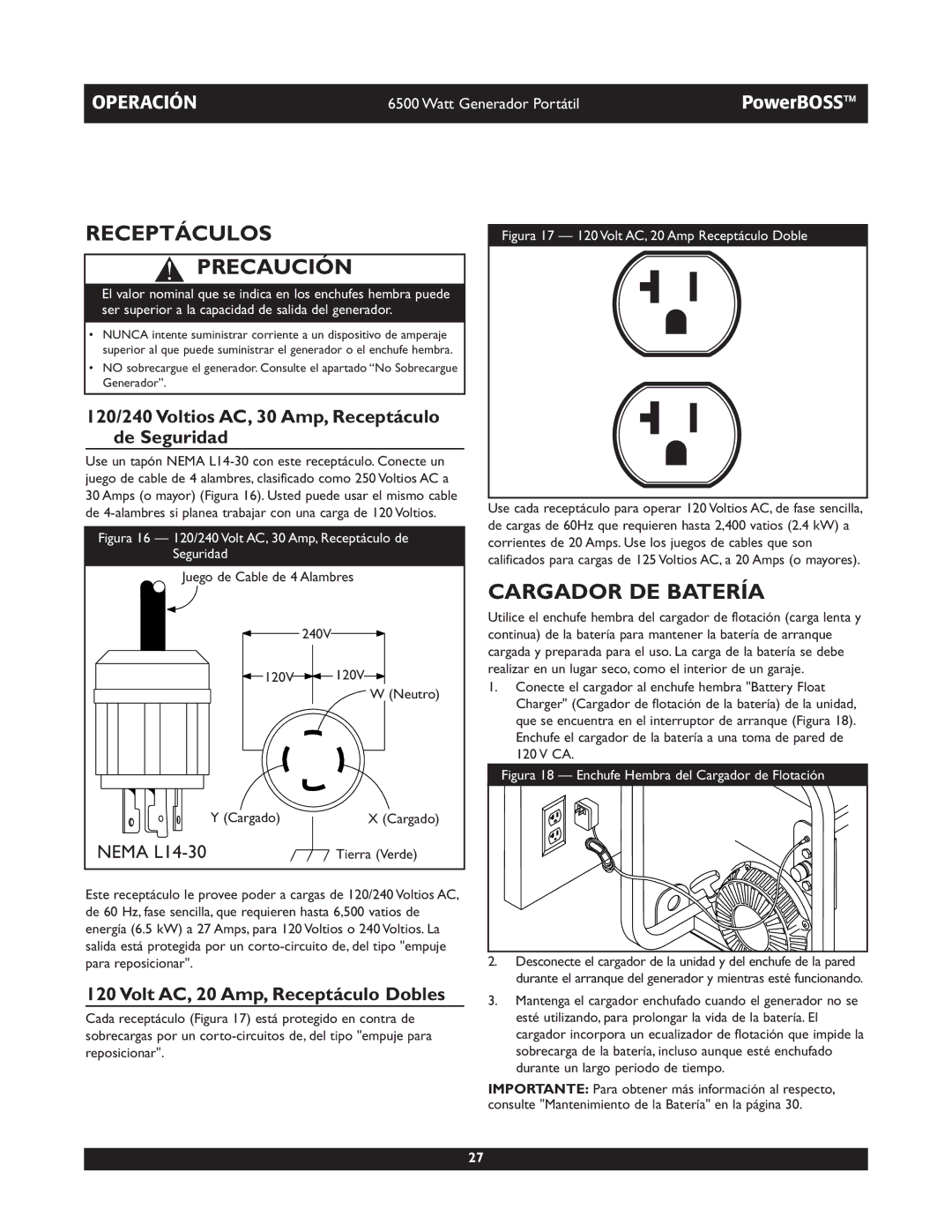 Briggs & Stratton 30227 Receptáculos Precaución, Cargador DE Batería, 120/240 Voltios AC, 30 Amp, Receptáculo de Seguridad 