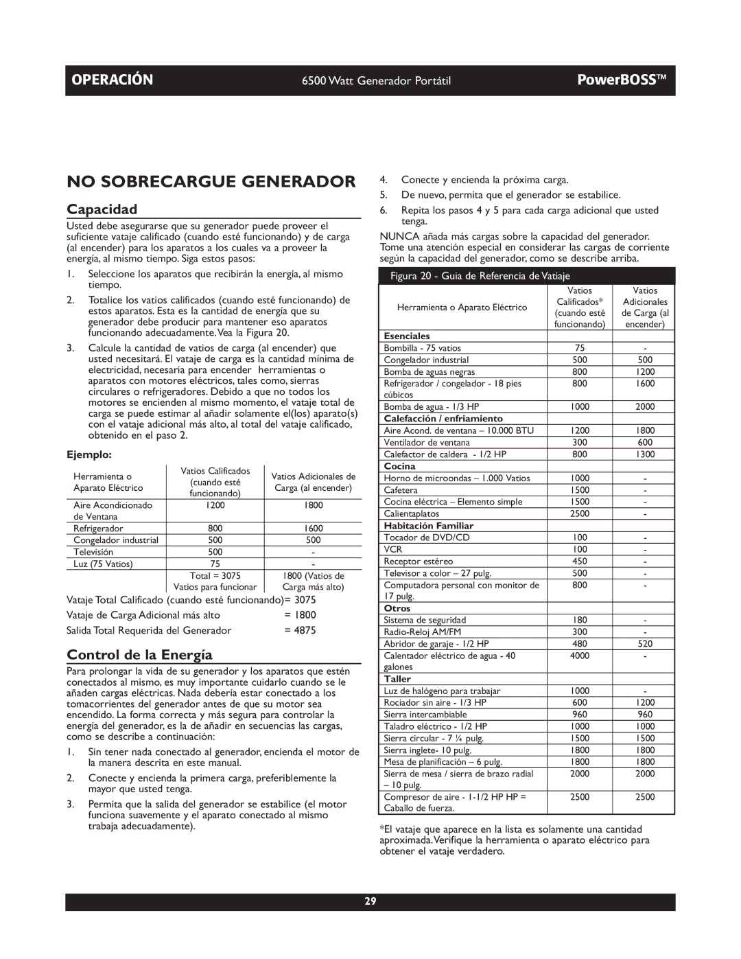 Briggs & Stratton 30227 owner manual No Sobrecargue Generador, Capacidad, Control de la Energía, Ejemplo 