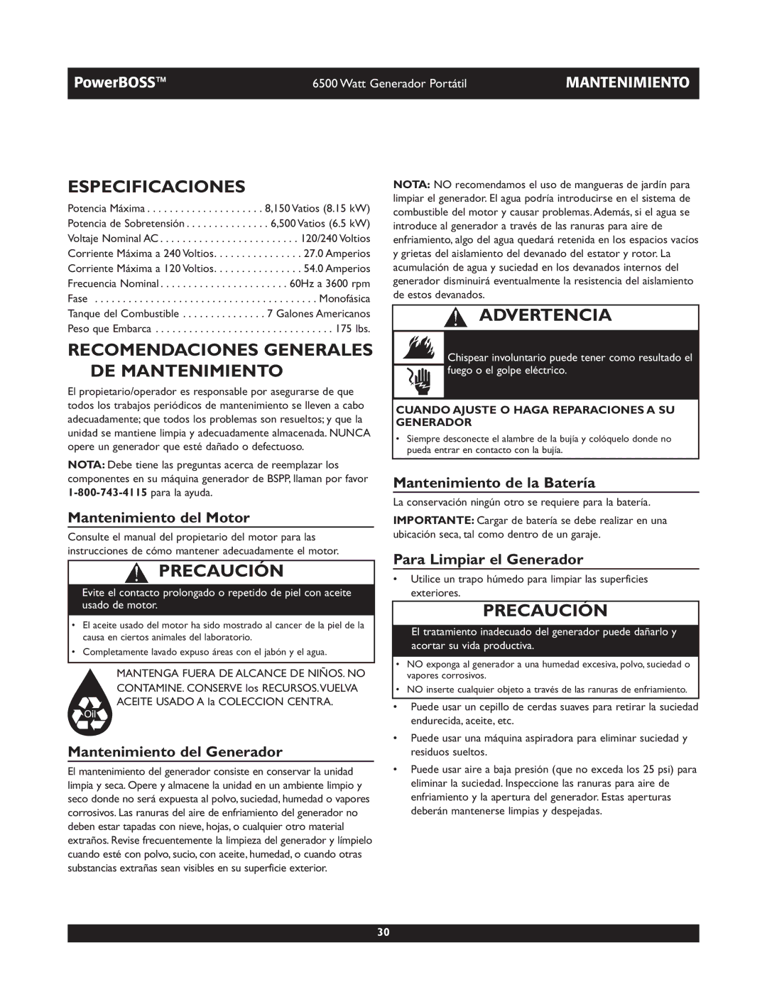 Briggs & Stratton 30227 owner manual Especificaciones, Recomendaciones Generales DE Mantenimiento 