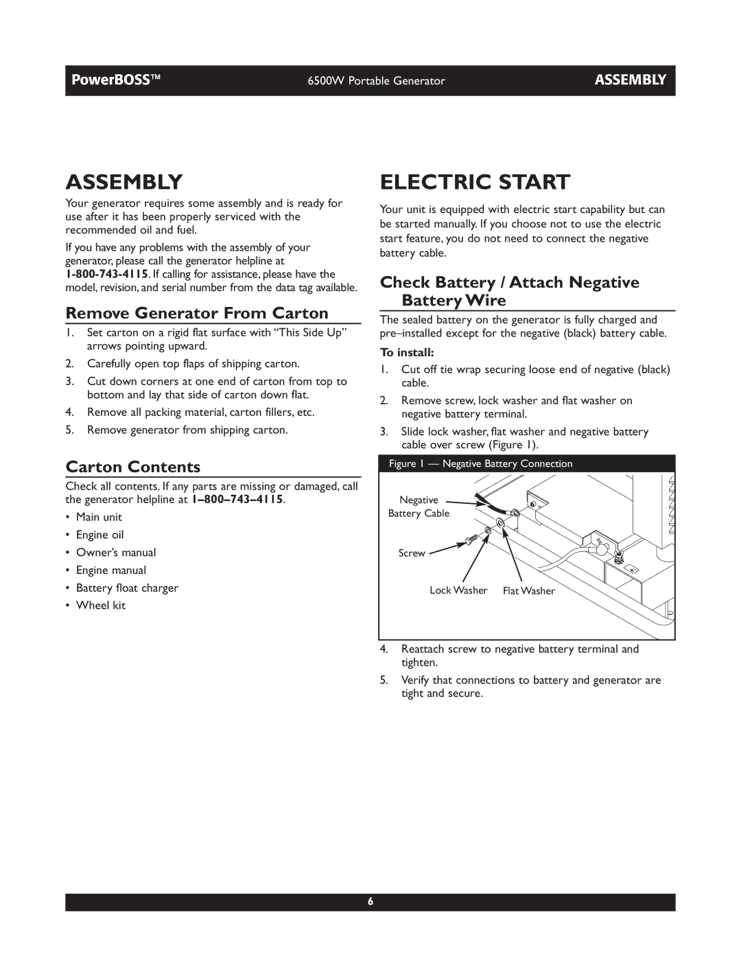 Briggs & Stratton 30227 owner manual Assembly Electric Start, Remove Generator From Carton, Carton Contents 