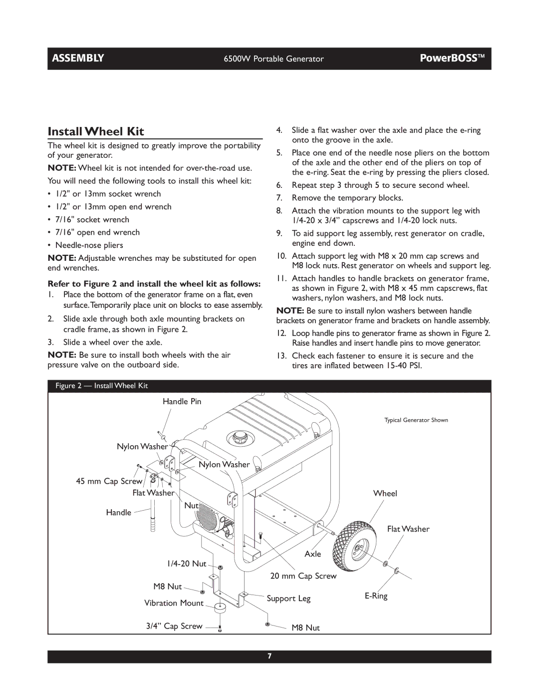 Briggs & Stratton 30227 Install Wheel Kit, Refer to and install the wheel kit as follows, Vibration Mount, Cap Screw 