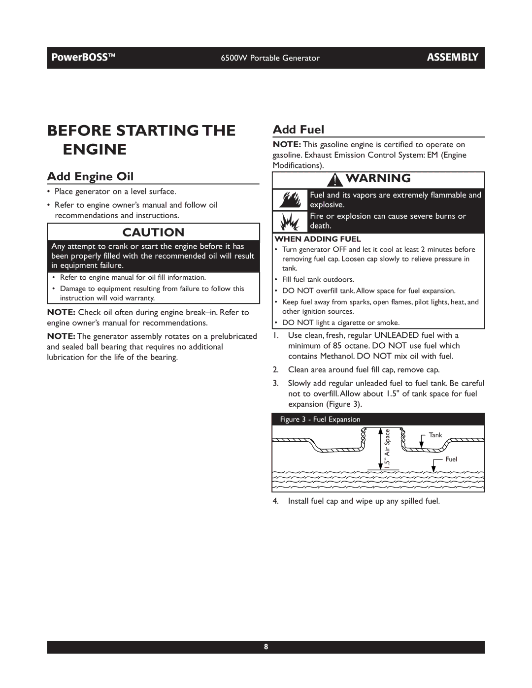 Briggs & Stratton 30227 owner manual Before Starting the Engine, Add Fuel, Add Engine Oil, When Adding Fuel 