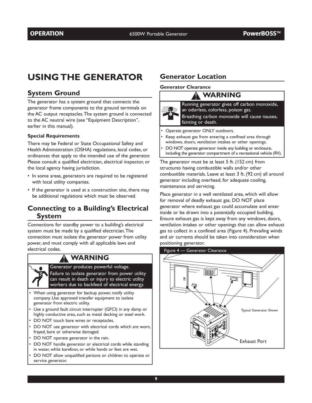 Briggs & Stratton 30227 owner manual Using the Generator, System Ground, Connecting to a Building’s Electrical System 