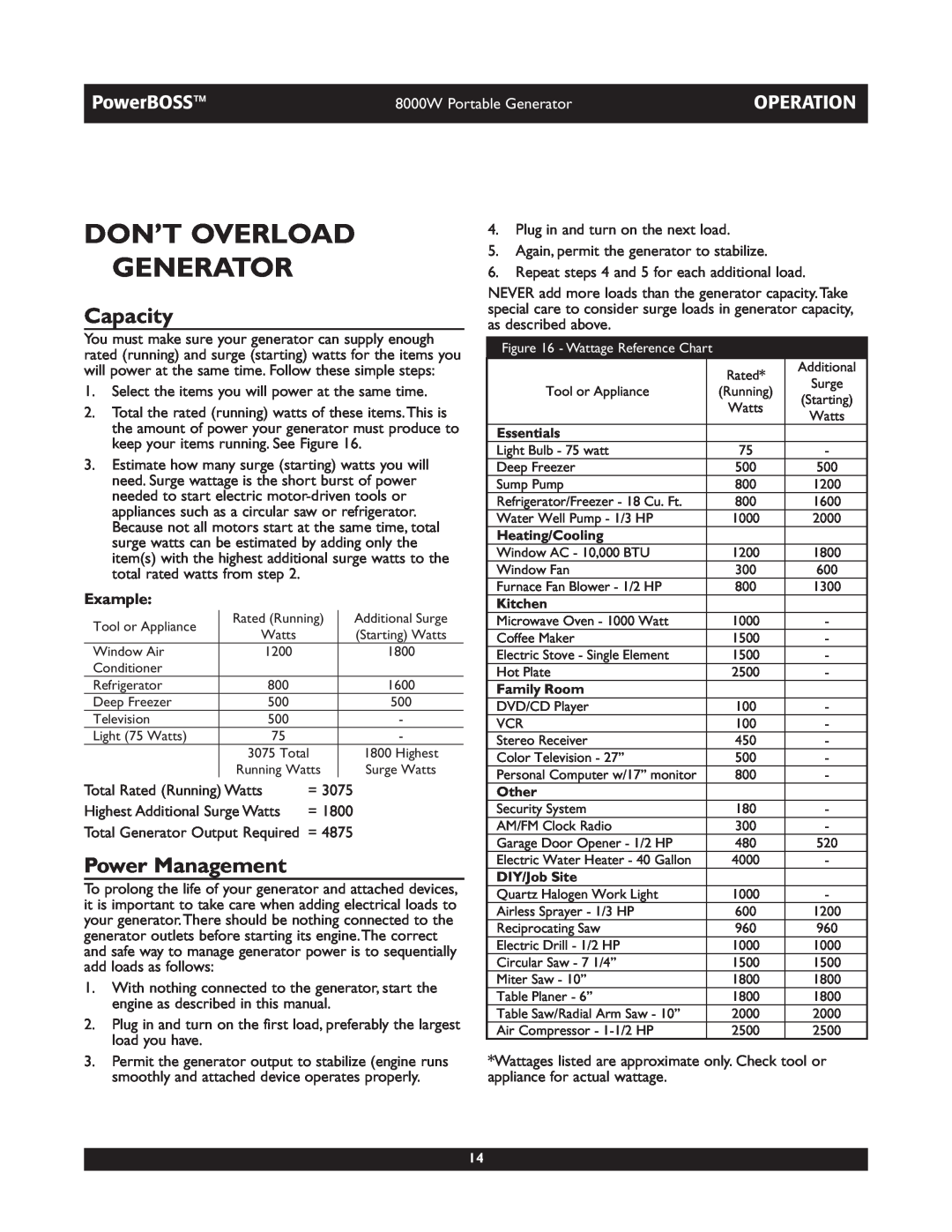 Briggs & Stratton 30228 owner manual Don’T Overload Generator, Capacity, Power Management, PowerBOSS, Operation 