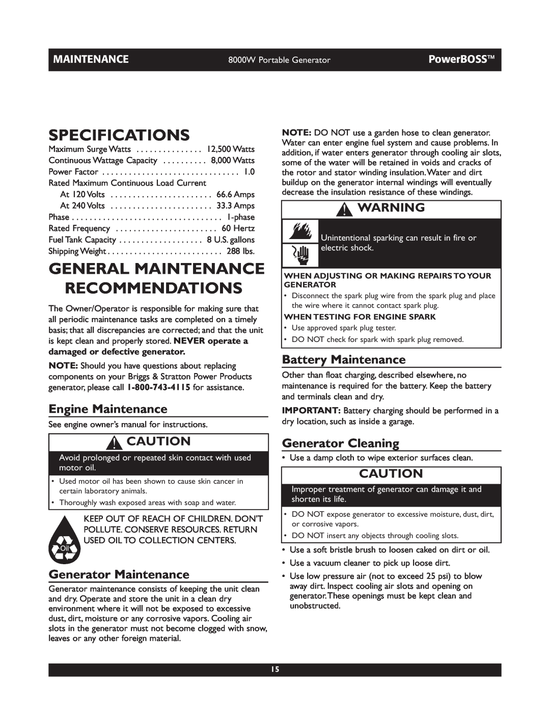 Briggs & Stratton 30228 Specifications, General Maintenance Recommendations, Engine Maintenance, Battery Maintenance 