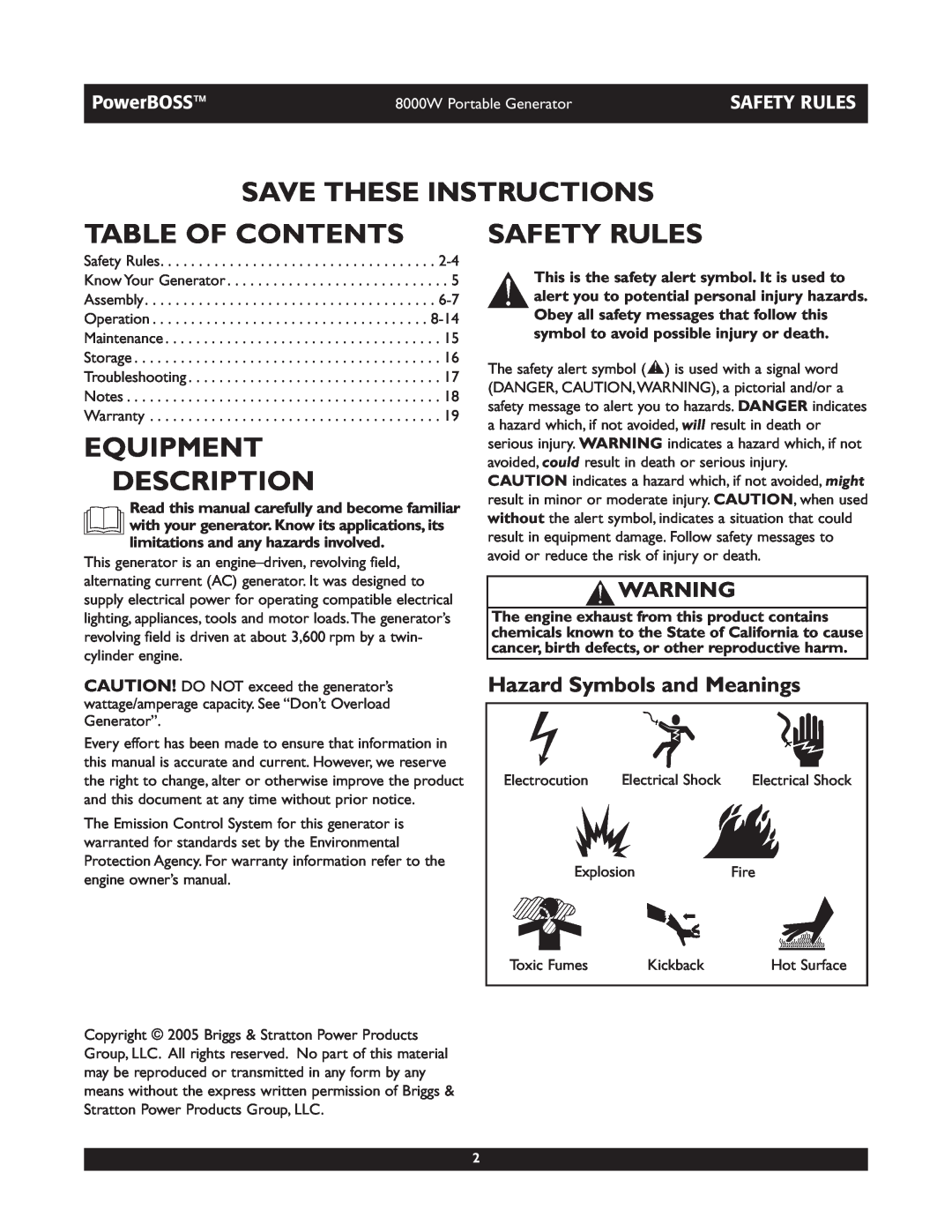 Briggs & Stratton 30228 Save These Instructions, Table Of Contents, Equipment Description, Safety Rules, PowerBOSS 