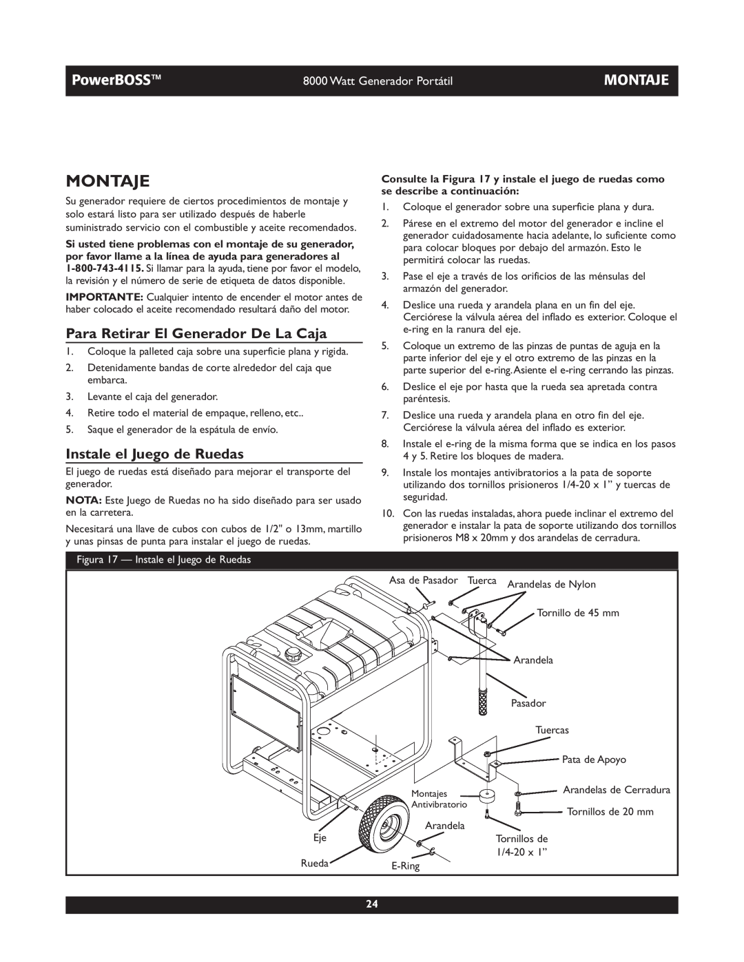 Briggs & Stratton 30228 owner manual Montaje, Para Retirar El Generador De La Caja, Instale el Juego de Ruedas, PowerBOSS 
