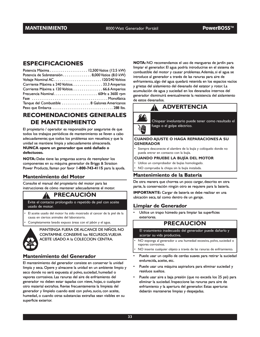 Briggs & Stratton 30228 Especificaciones, Recomendaciones Generales De Mantenimiento, Mantenimiento del Motor, Advertencia 