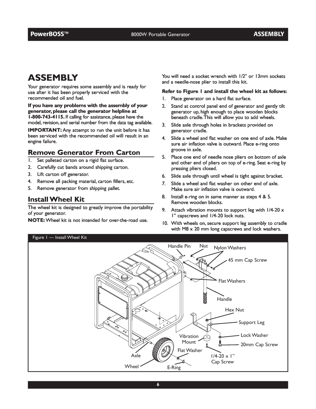 Briggs & Stratton 30228 Assembly, Remove Generator From Carton, Install Wheel Kit, PowerBOSS, 8000W Portable Generator 
