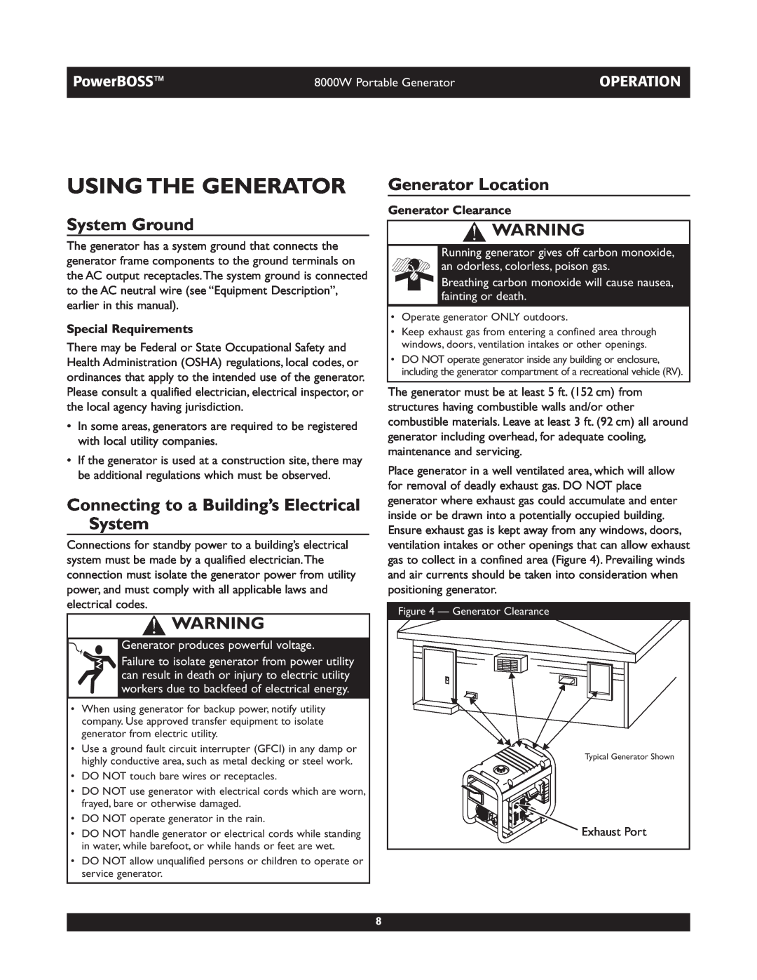 Briggs & Stratton 30228 Using The Generator, System Ground, Connecting to a Building’s Electrical System, Operation 